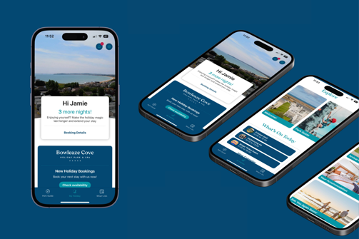 A graphic showing a range of phones with the Waterside app in use