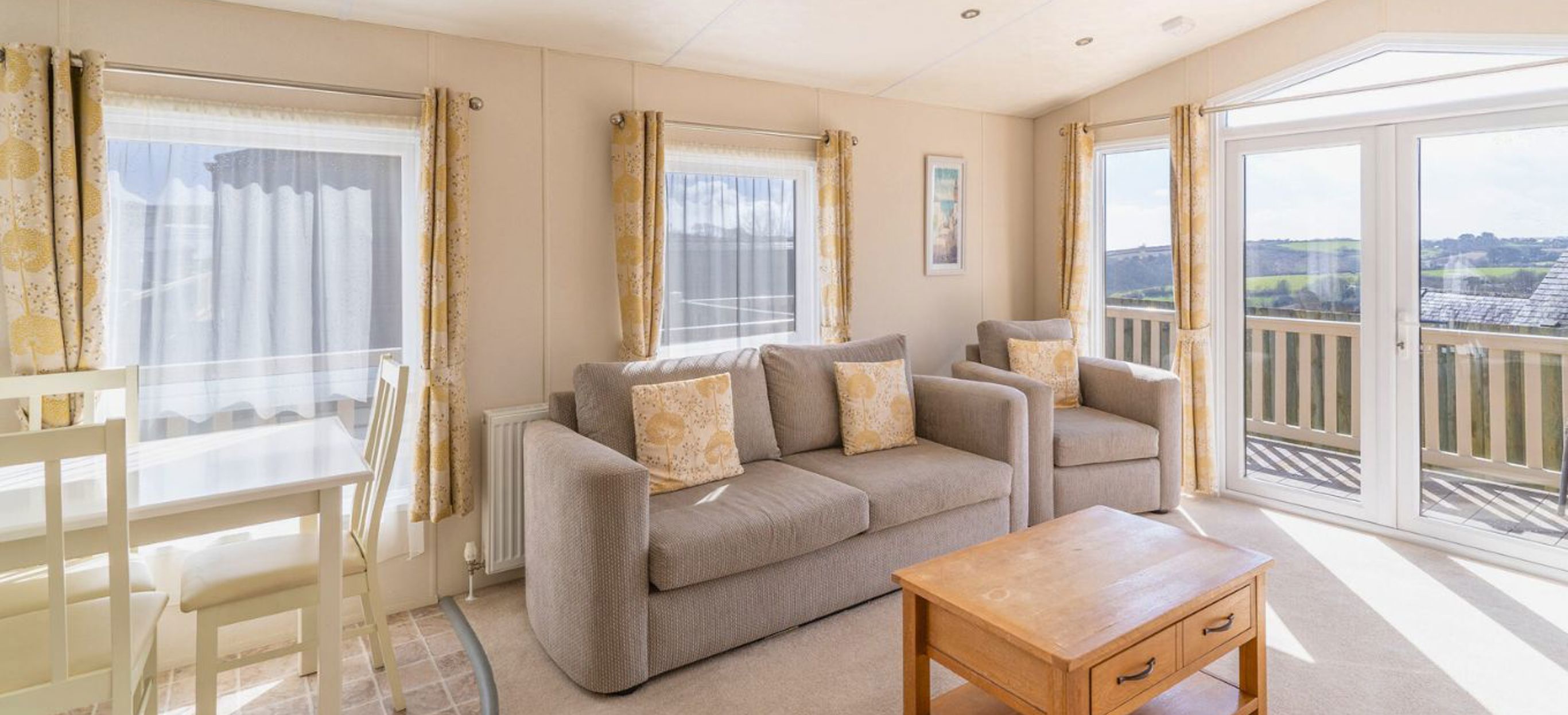 Internal of a caravan open plan lounge diner