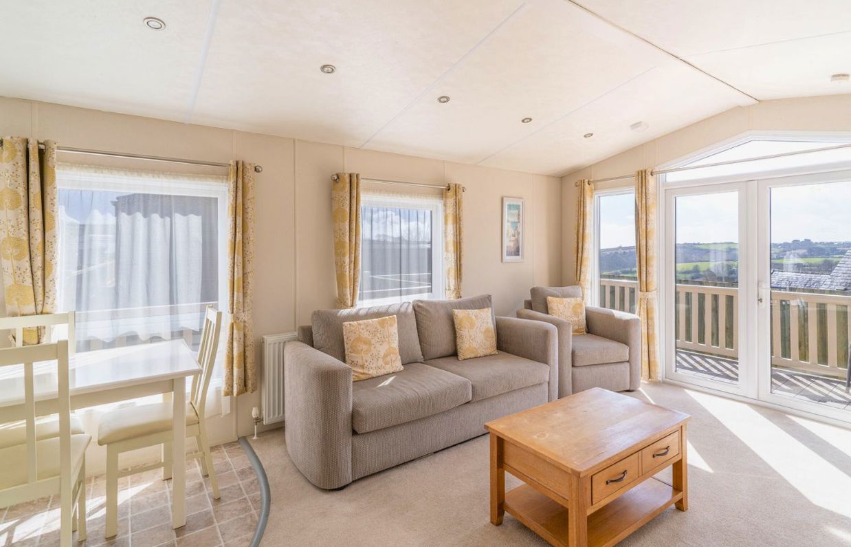 Internal of a caravan open plan lounge diner