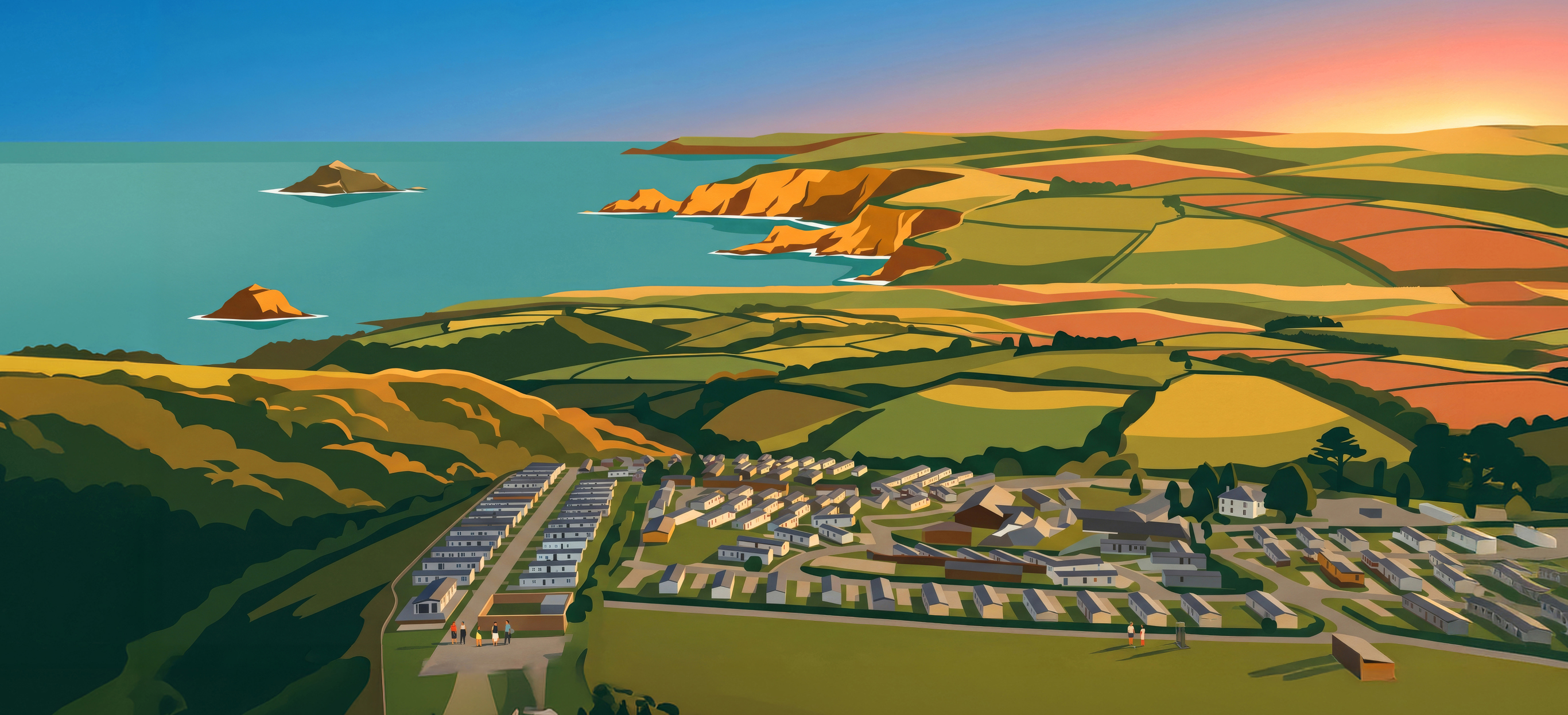 A digitised version of a drone shot of Tregoad Holiday Park and the surrounding coast at sunset