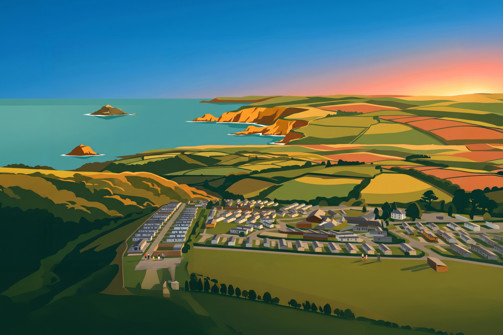 A digitised version of a drone shot of Tregoad Holiday Park and the surrounding coast at sunset