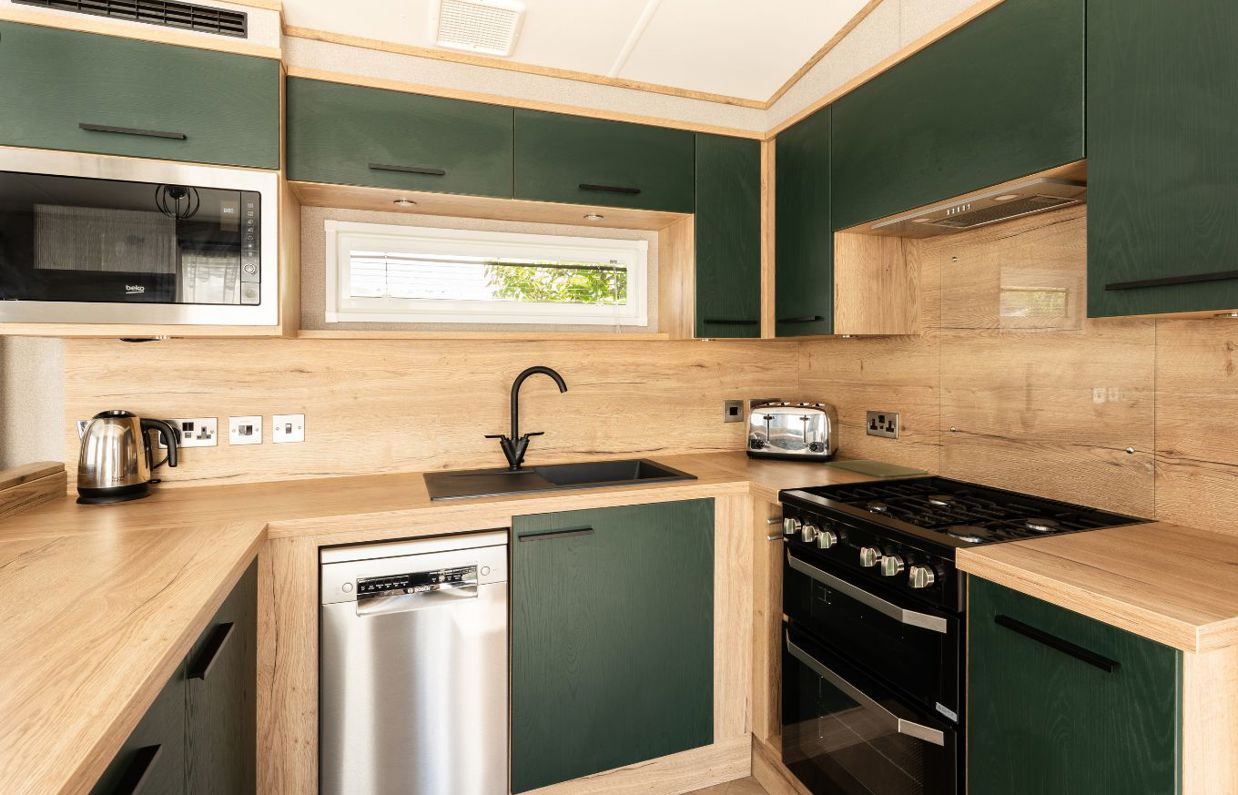 Internal of a caravan open plan kitchen