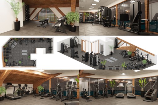A montage / collage of CGI mockups of a new gym building facility