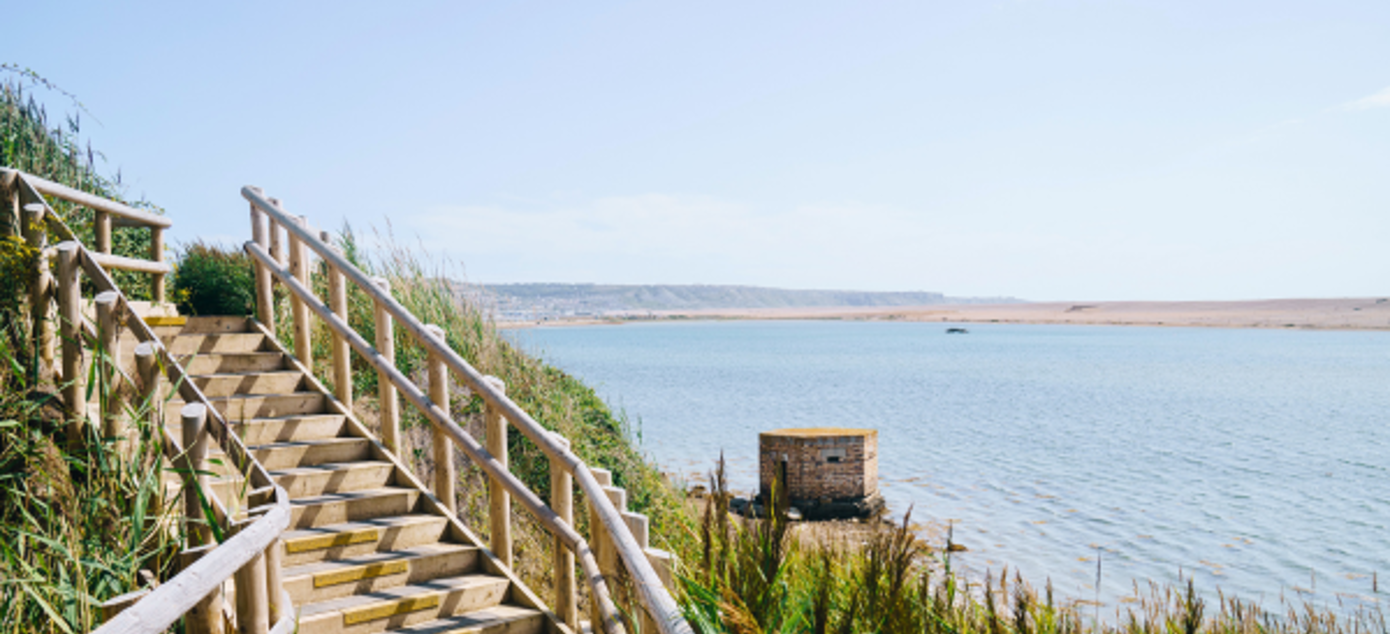 The Jurassic Coastal Path at Chesil Beach in Dorset with View of Portland