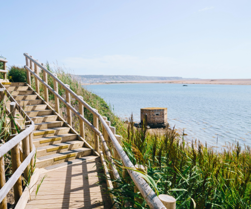 The Jurassic Coastal Path at Chesil Beach in Dorset with View of Portland