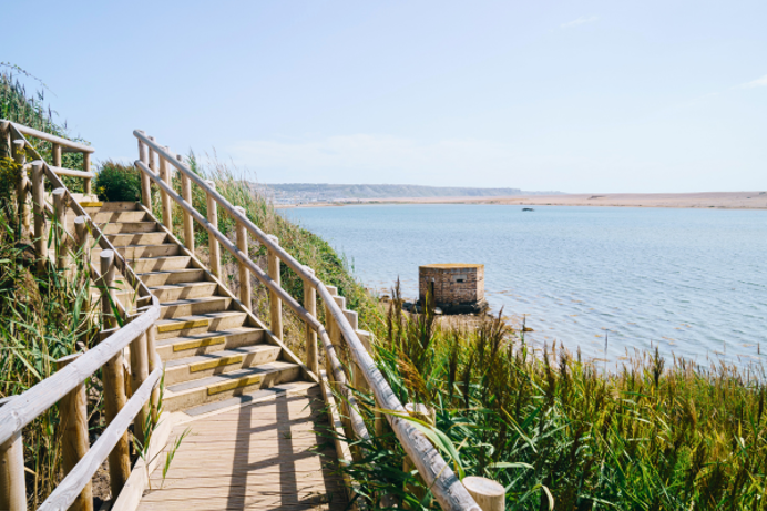 The Jurassic Coastal Path at Chesil Beach in Dorset with View of Portland