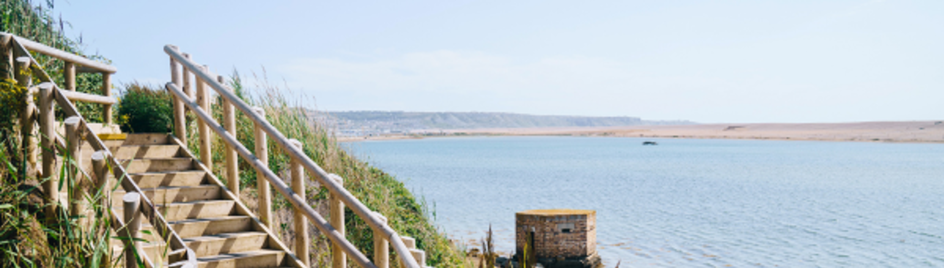 The Jurassic Coastal Path at Chesil Beach in Dorset with View of Portland
