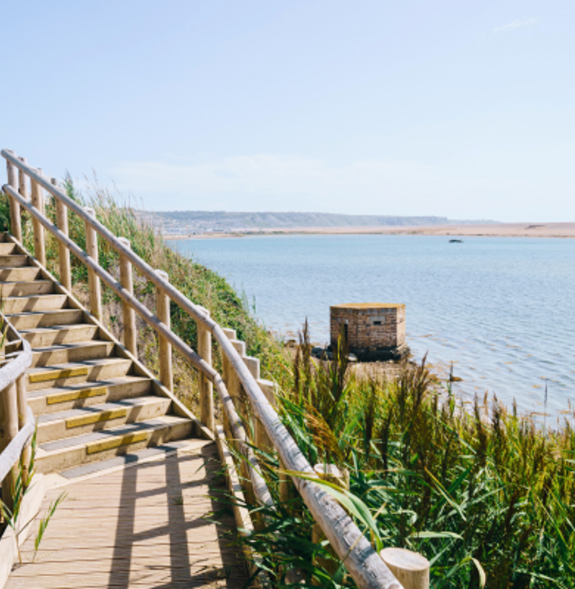 The Jurassic Coastal Path at Chesil Beach in Dorset with View of Portland