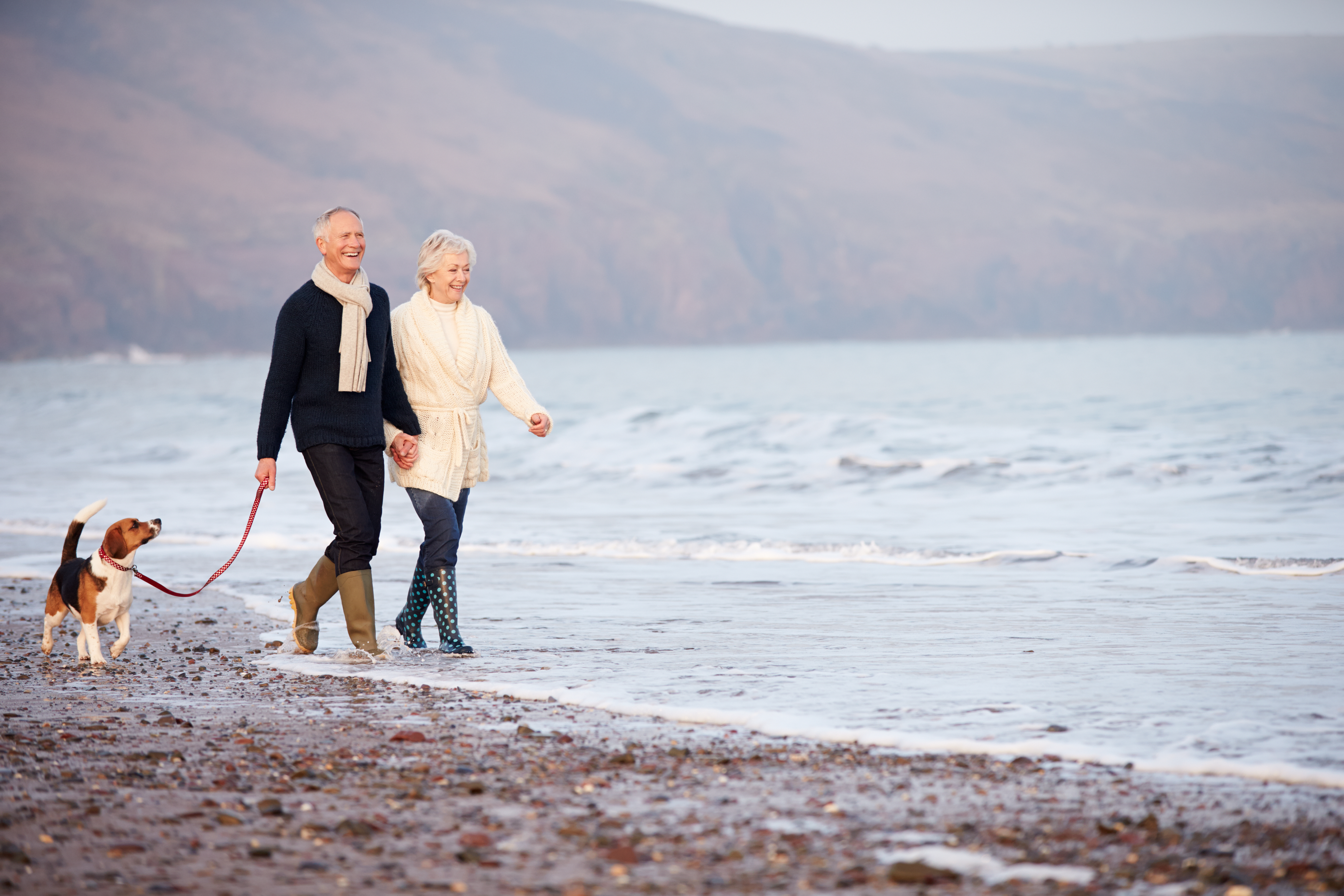 Couple walking on beach with dog in autumn