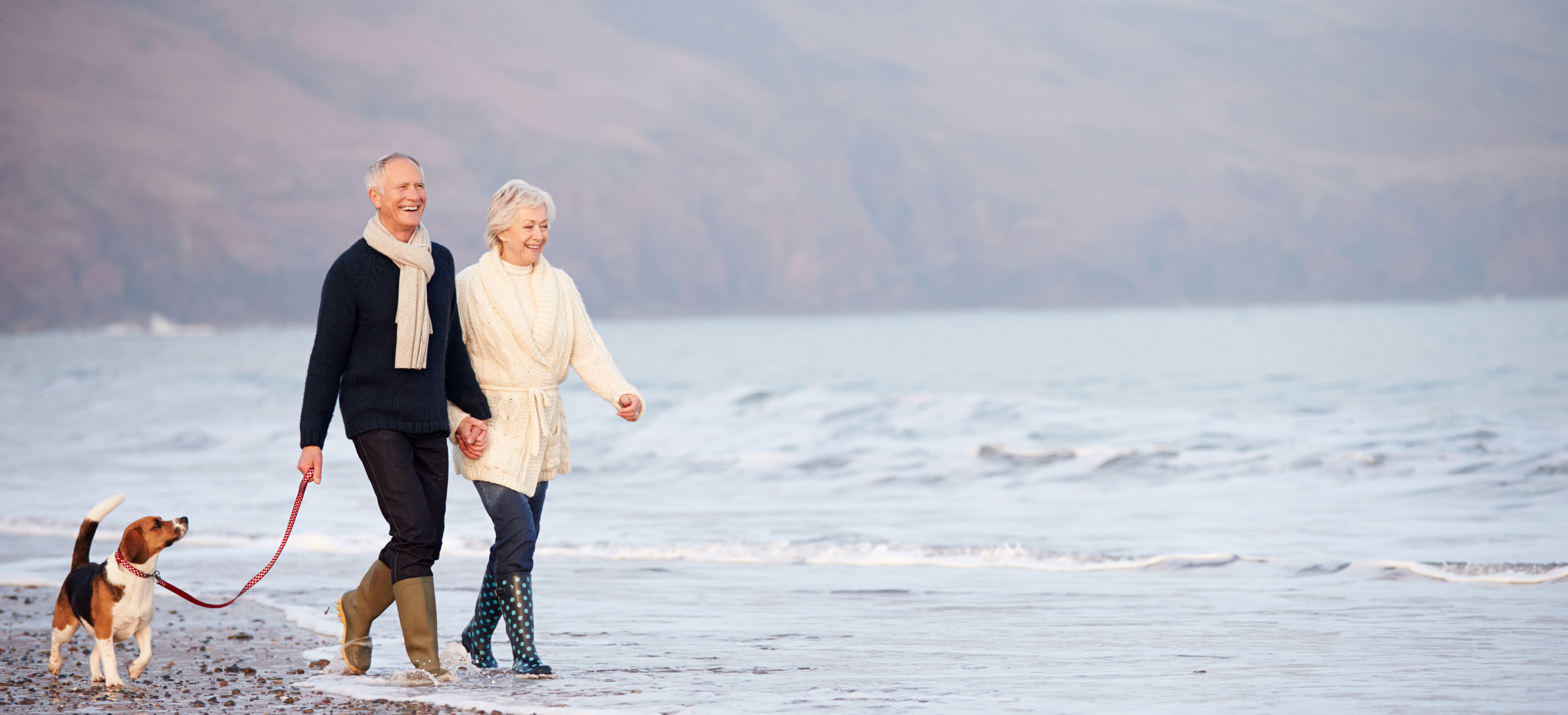 Couple walking on beach with dog in autumn