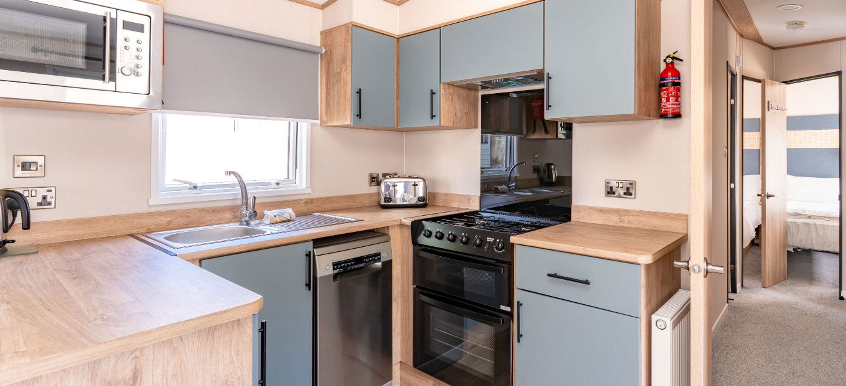 Internal of a caravan open plan kitchen