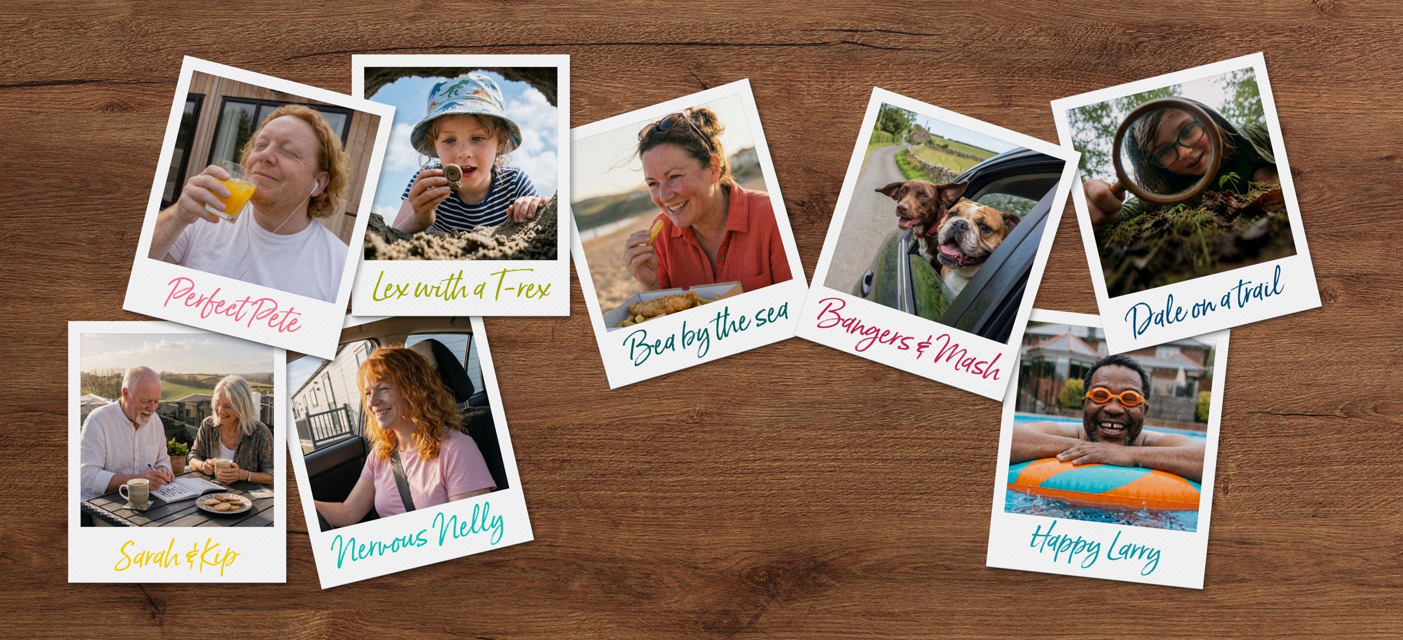 A selection of polaroids showing different holiday character types laid out on a wooden table