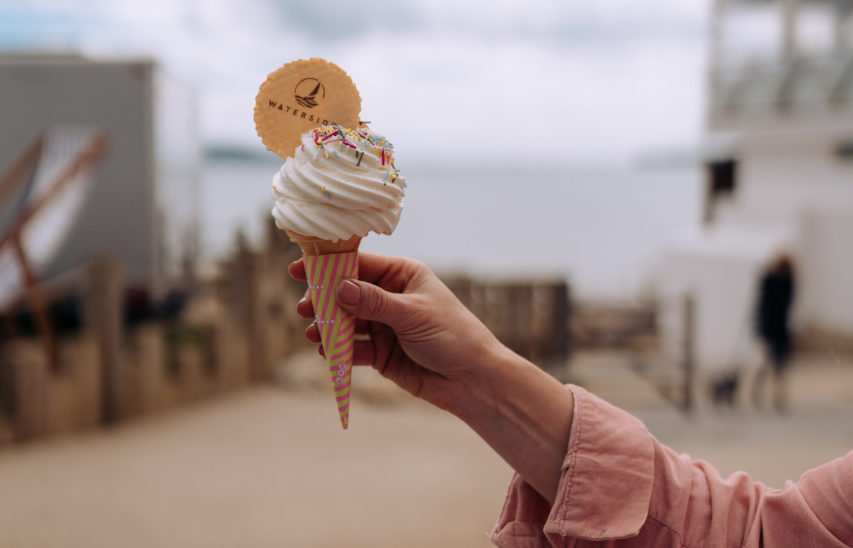 A Mr Whippy style ice cream in a cone with a Waterside wafer being held up against the backdrop of the sea