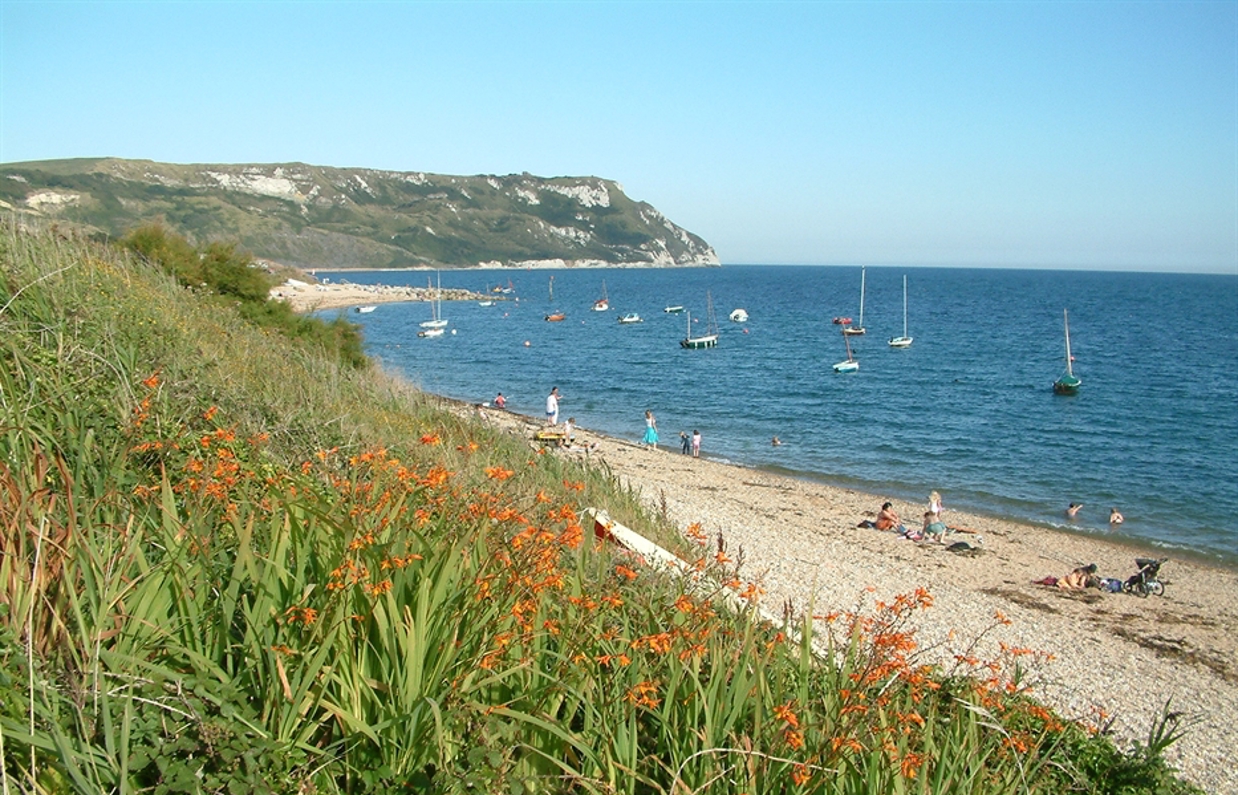 A shingle beach with calm sea, rocky cliffs and various boats on a sunny blue sky day