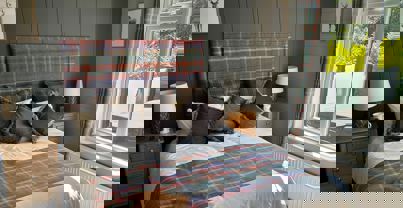 Modern country theme master bedroom with sage walls and checked bedding