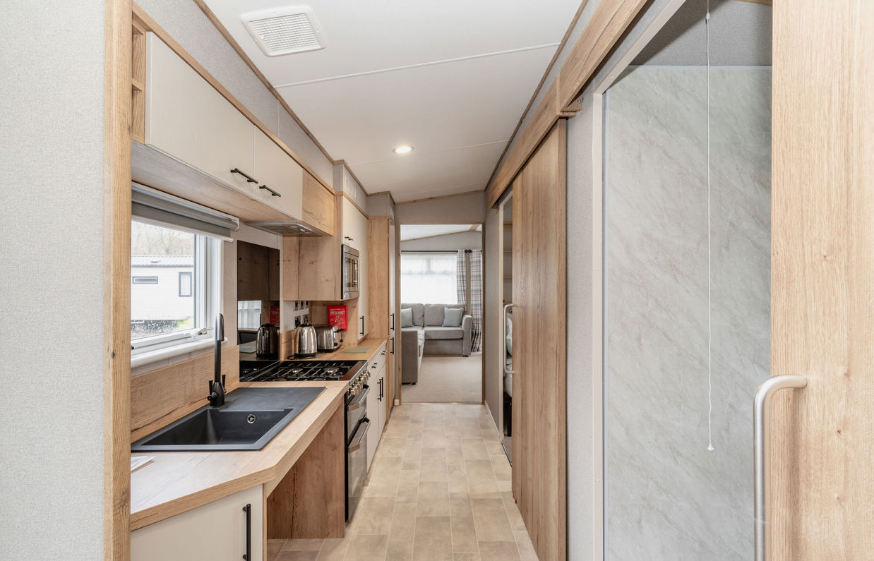 Internal of an accessible caravan open plan kitchen