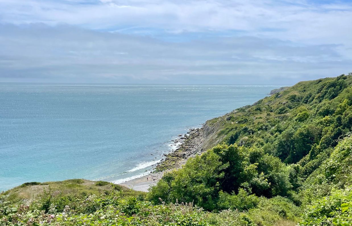 A cove with blue water down a rocky hill with lots of greenery