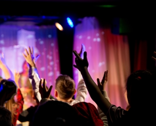 A group of people with their hands in the air in an entertainment venue