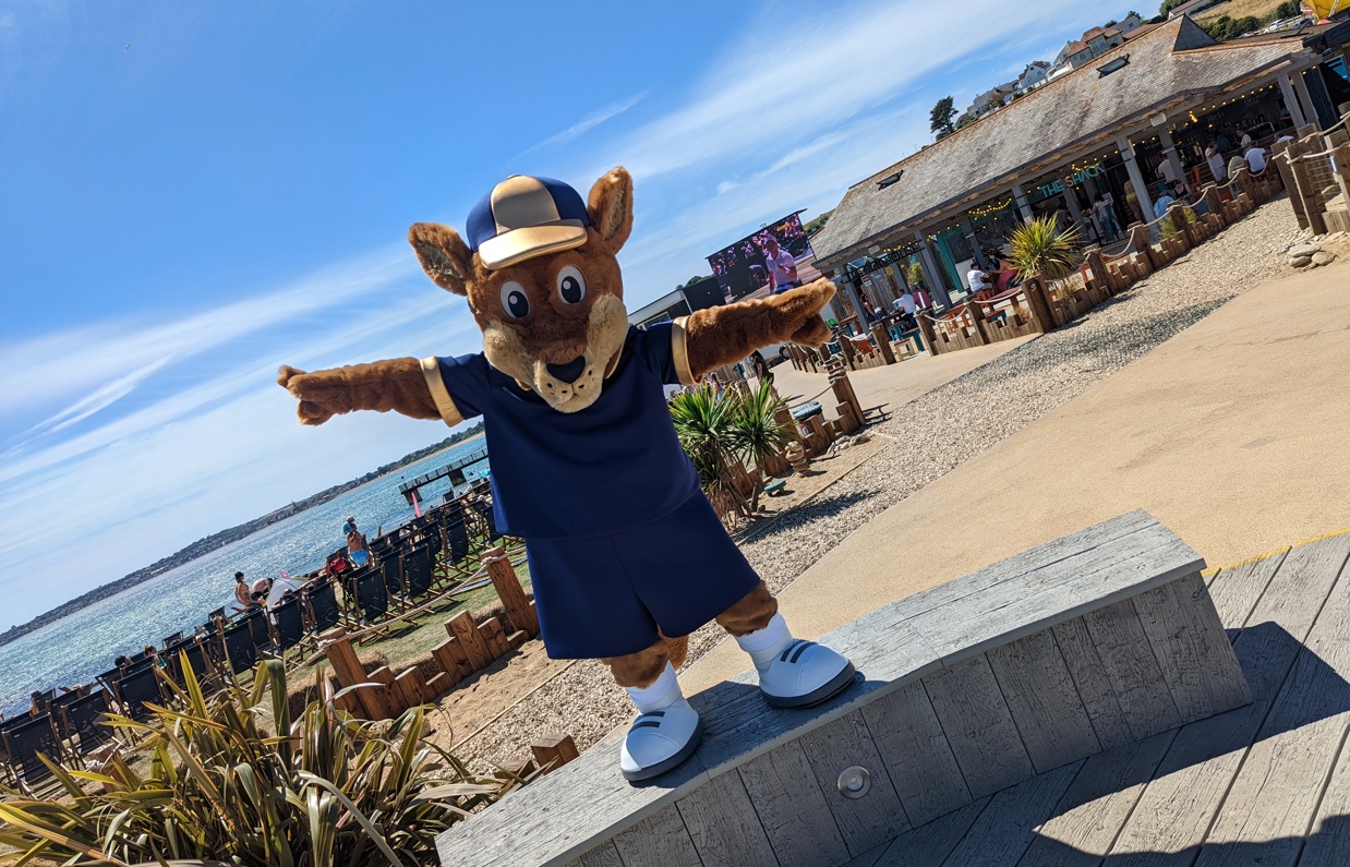 A kangaroo mascot, Boomer, at Southside Green overlooking the sea