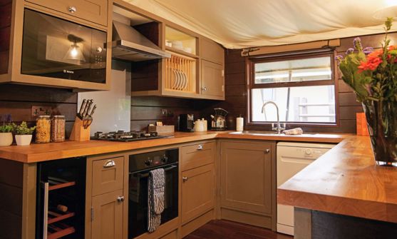 Internal of safari tent open plan kitchen