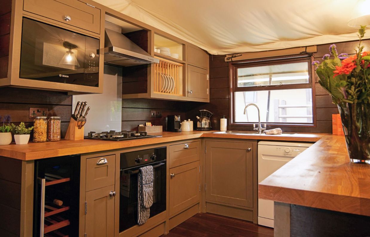 Internal of safari tent open plan kitchen
