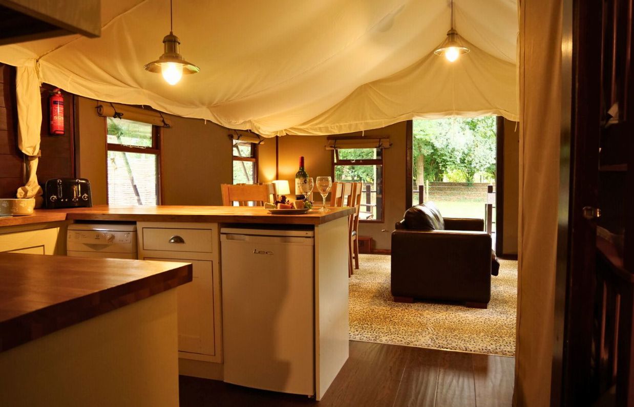 Internal of safari tent open plan living space