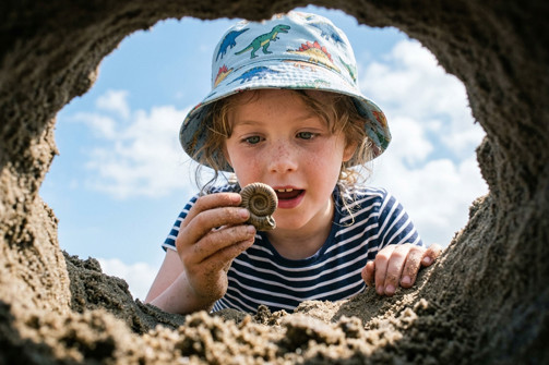 A young girl looking at a fossil digging in the sand