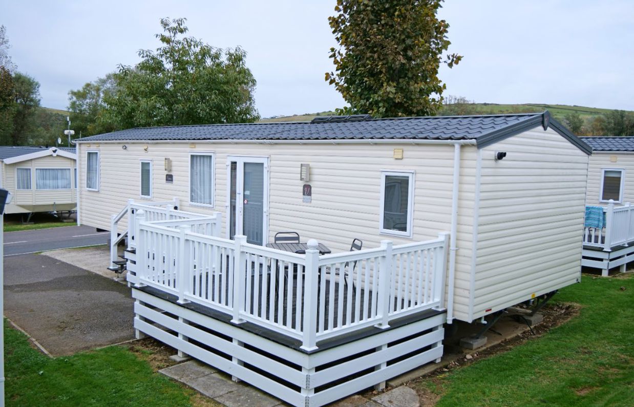 External of a caravan on pitch with decking