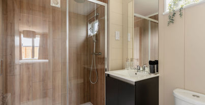 Internal of a luxury lodge ensuite bathroom with walk-in shower, sink and toilet