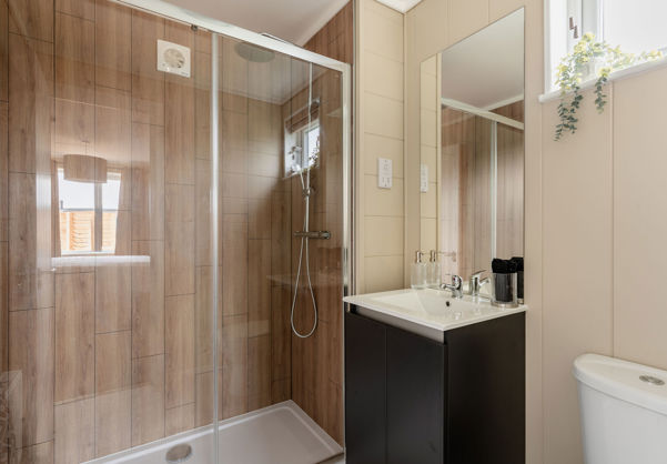 Internal of a luxury lodge ensuite bathroom with walk-in shower, sink and toilet