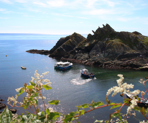 A view of the sea from the coast path with harsh rock cliff faces, flowers and fishing boats on a sunny blue sky day