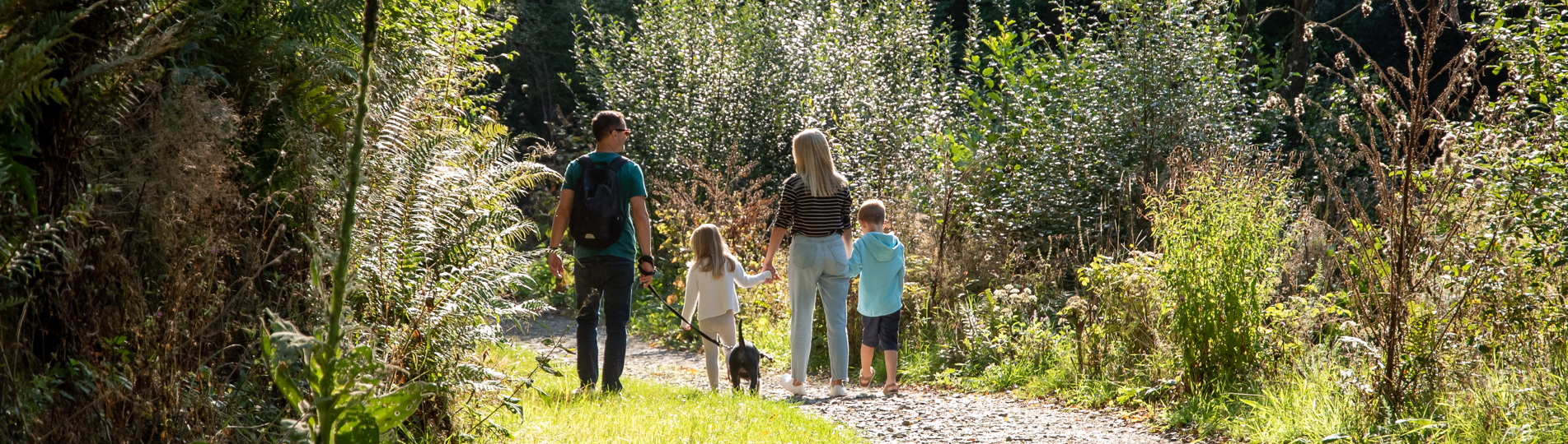 A family of four walking with a dog around a nature trail