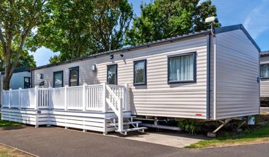 External of a caravan with decking