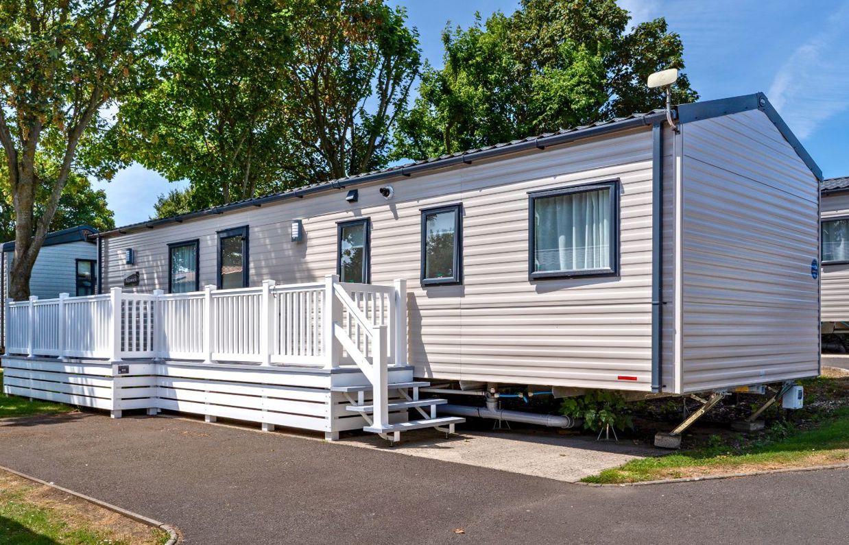 External of a caravan with decking
