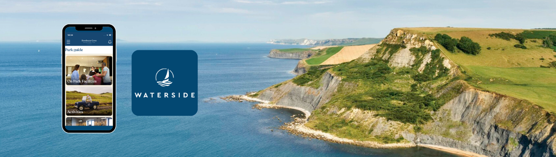 An image of the south west coast path with a screenshot of the waterside app overlayed