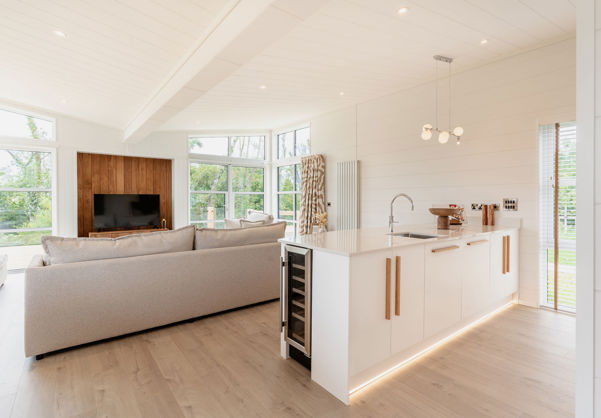 Internal of a luxury lodge open plan kitchen lounge