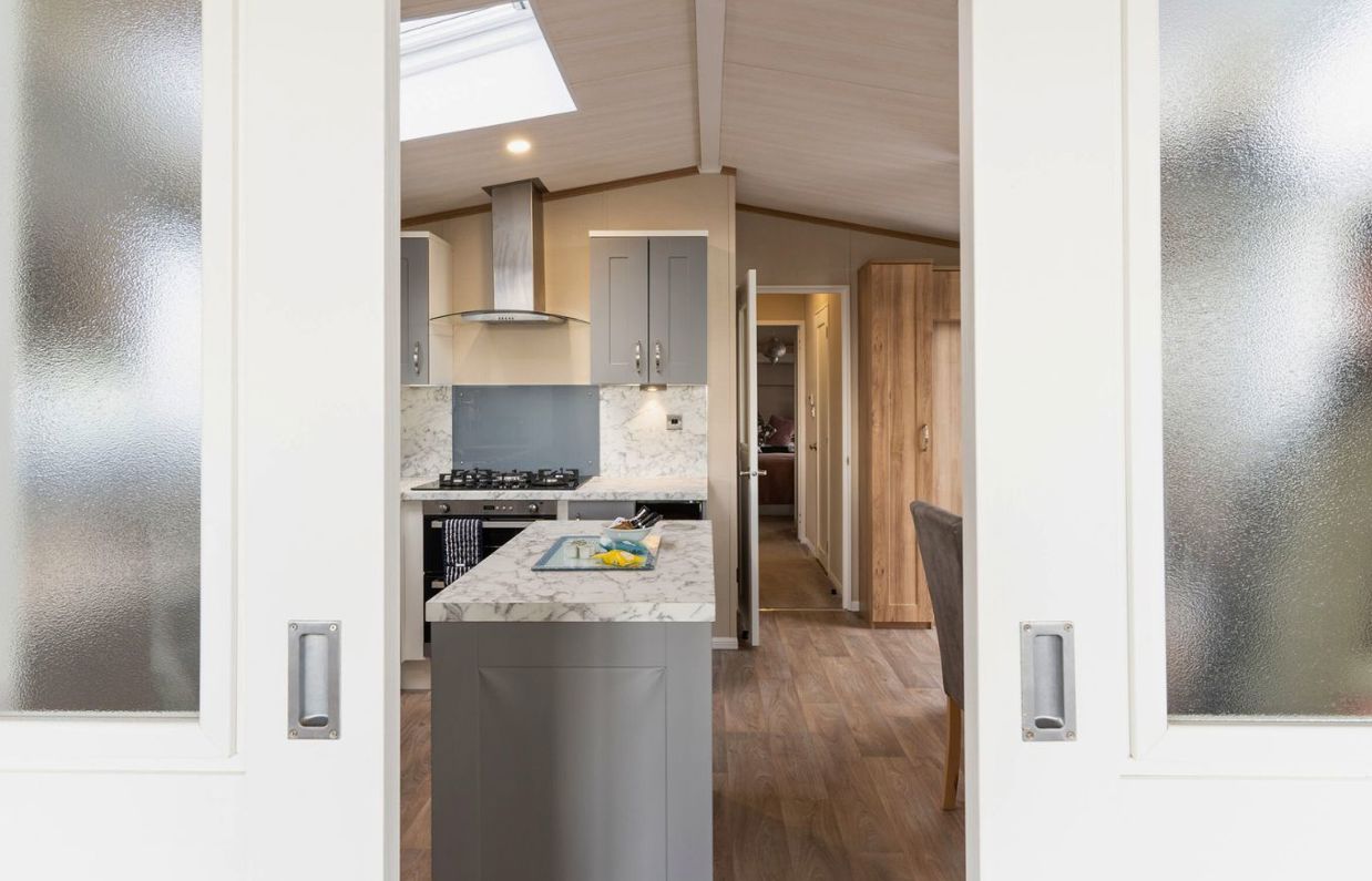 Internal of a caravan open plan kitchen