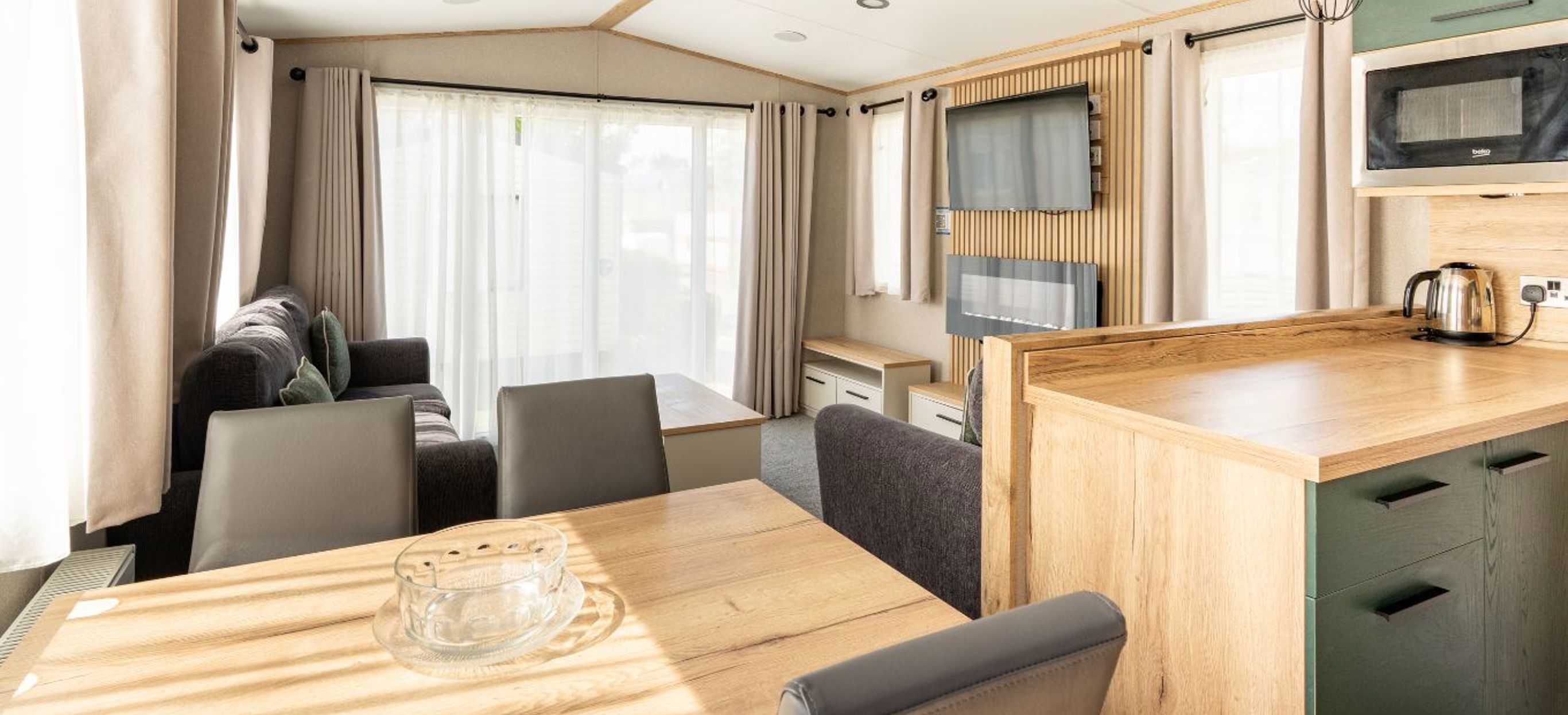 Internal of a caravan open plan living space