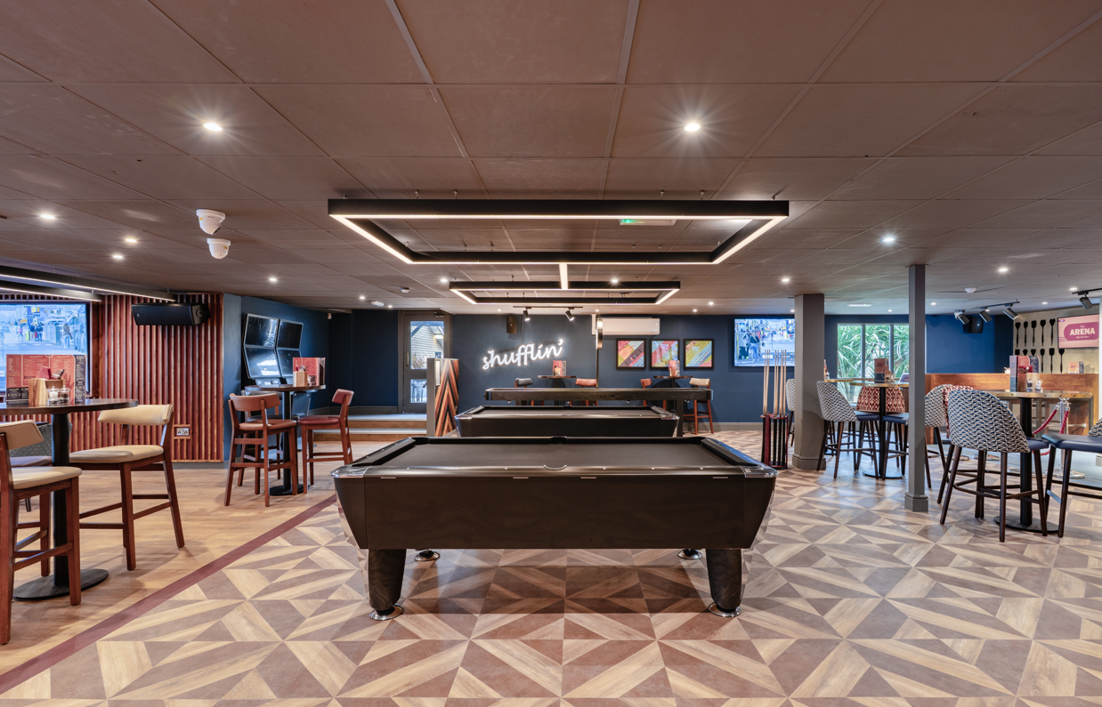 Internal of the Arena Sports Bar pool table and shuffleboard area