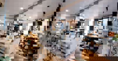 Lounge, dining area and kitchen view from lounge area in modern scandi-industrial style