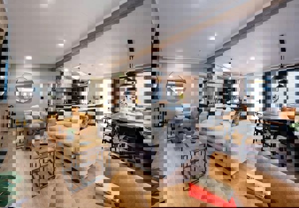 Lounge, dining area and kitchen view from lounge area in modern scandi-industrial style