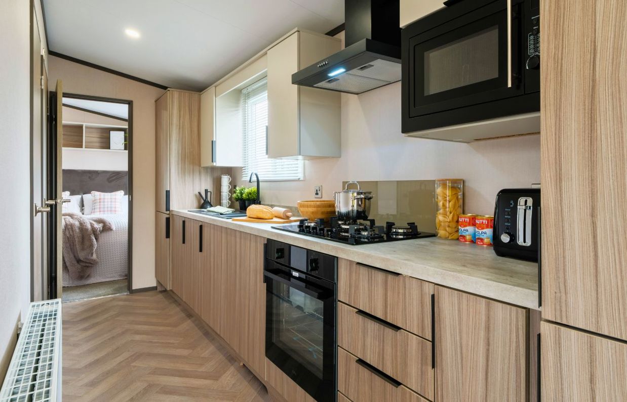 Internal of a caravan open plan kitchen