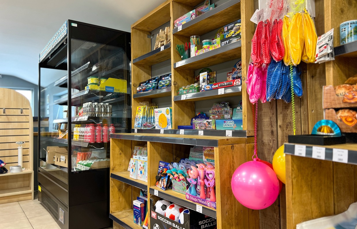 A selection of toys on shelves in a small shop on park 
