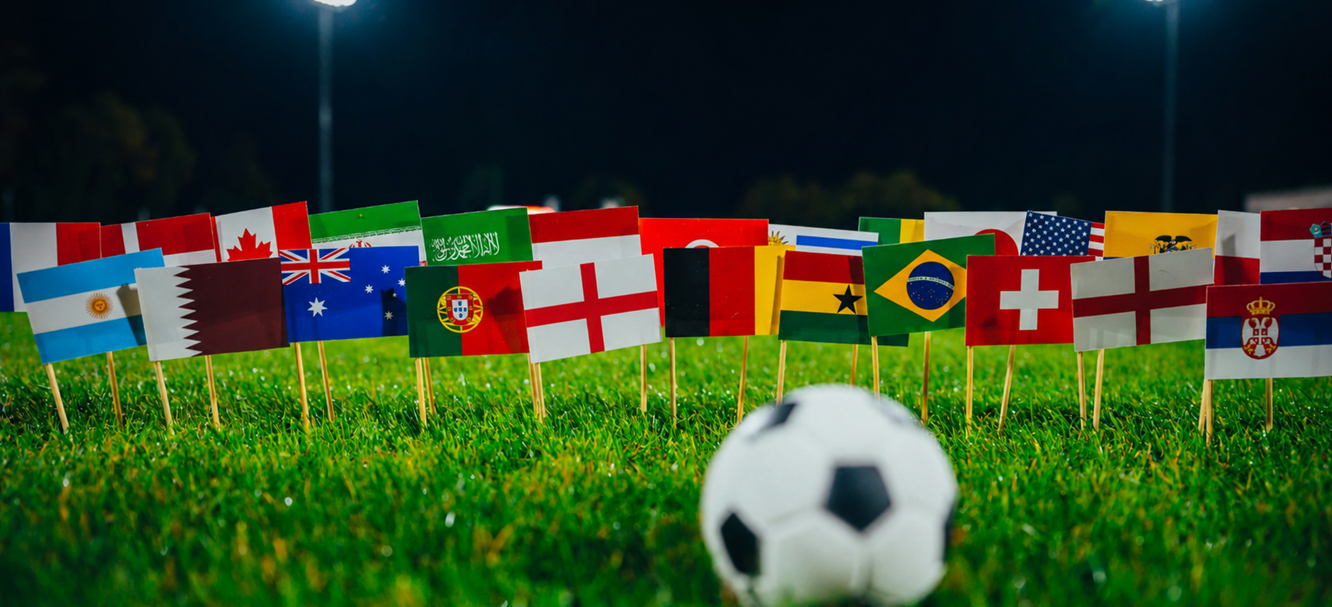 A range of world flags in grass with a football