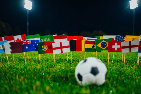 A range of world flags in grass with a football