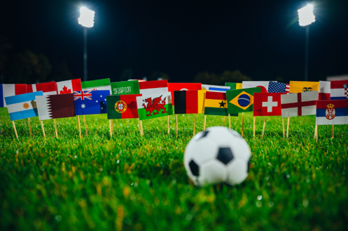 A range of world flags in grass with a football