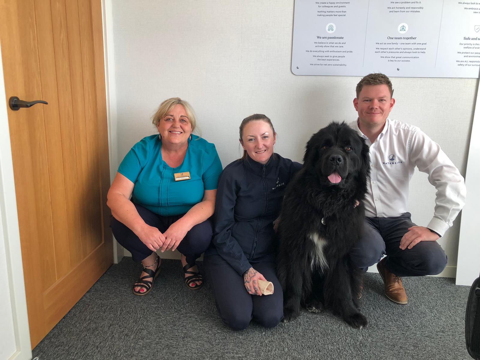 Three adults sat beside a large black dog after completing dog first aid training