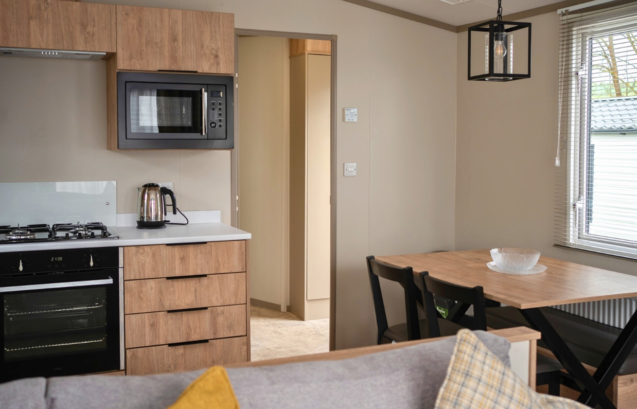 Internal of a caravan open plan kitchen diner