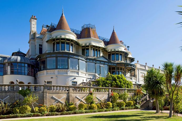 Exterior of a grand villa house Russell Cotes Museum and Art Gallery and surrounding gardens