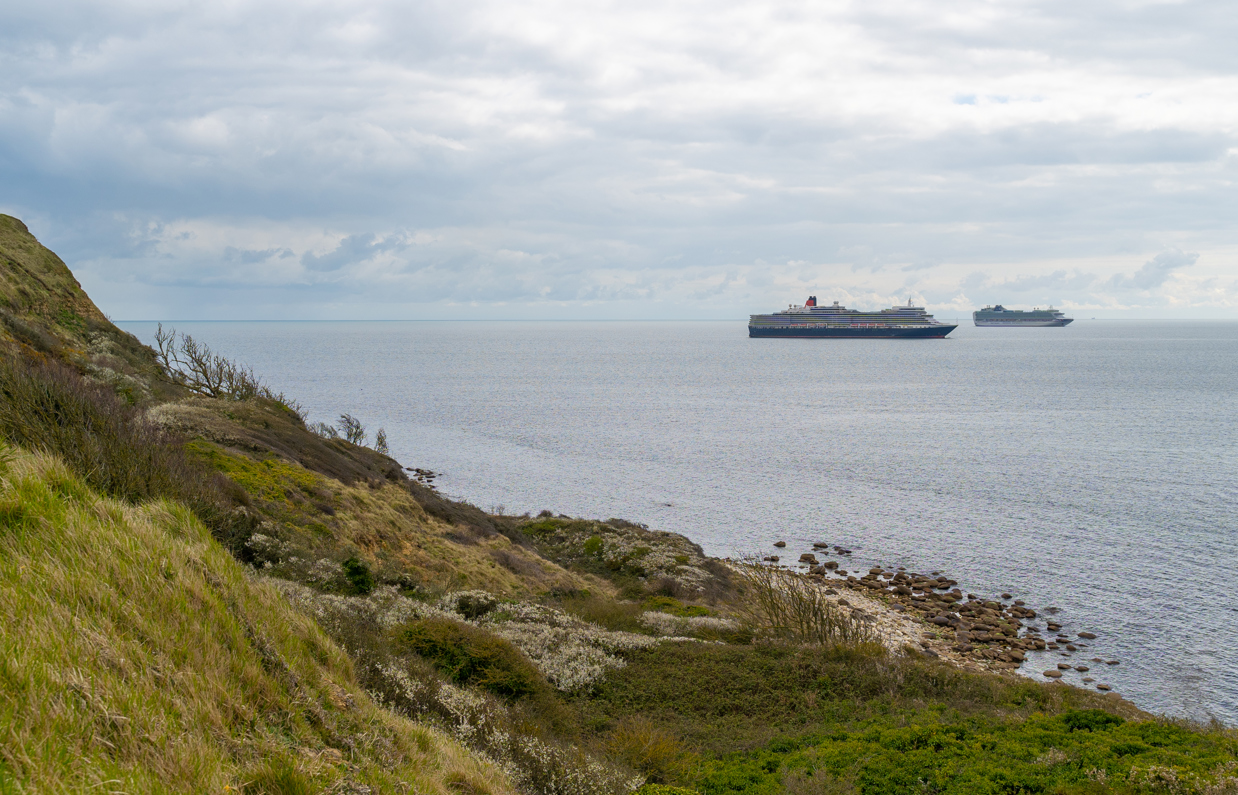 The view out to sea with cruise ships in the distance from Osmington Bay